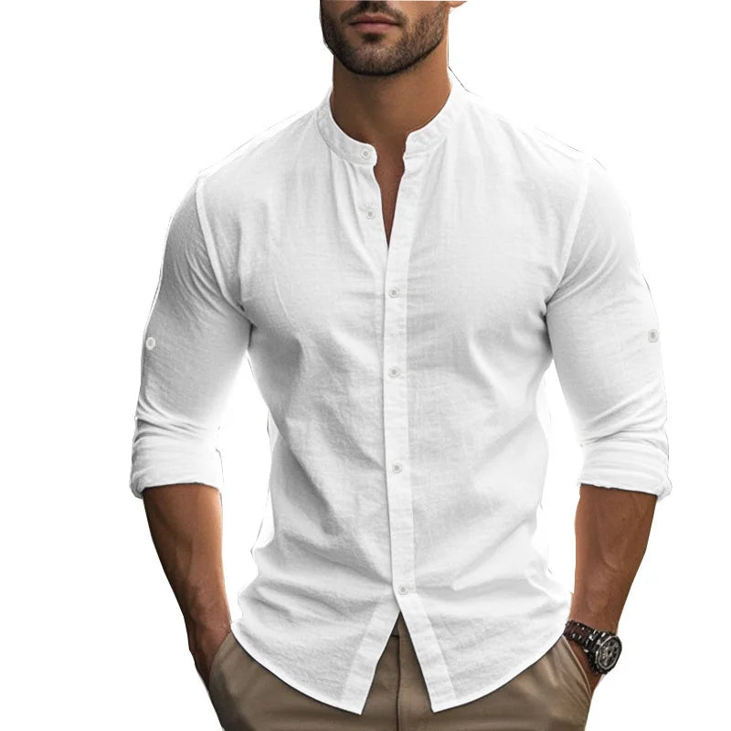 Summer Men's Beaded Loose Casual Linen Breathable Hawaiian Simple Long Sleeve Shirt Beach Shorts Set