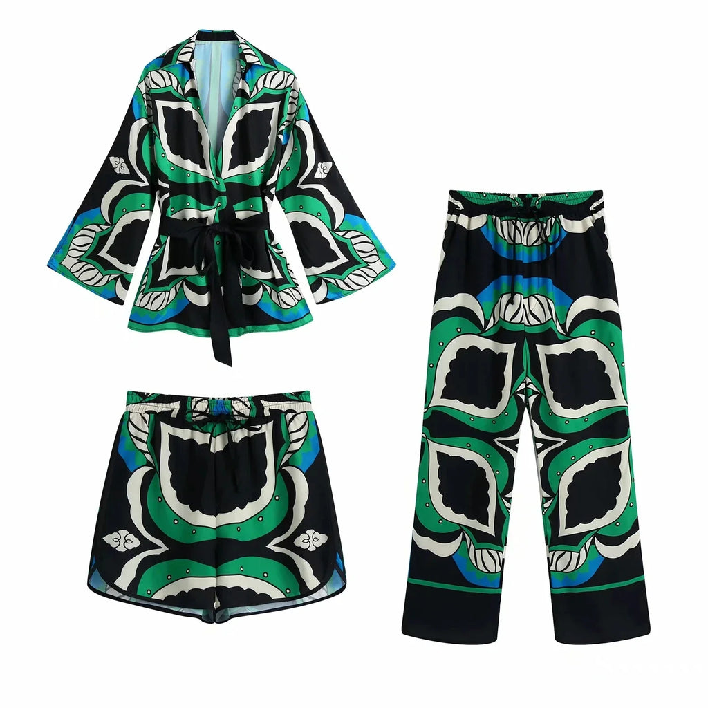 Foridol Oversized Green Print Boho Women Shorts Sets Shirts Shorts Pants Three Pieces Fashion Suits Matching Sets 2025 Summer