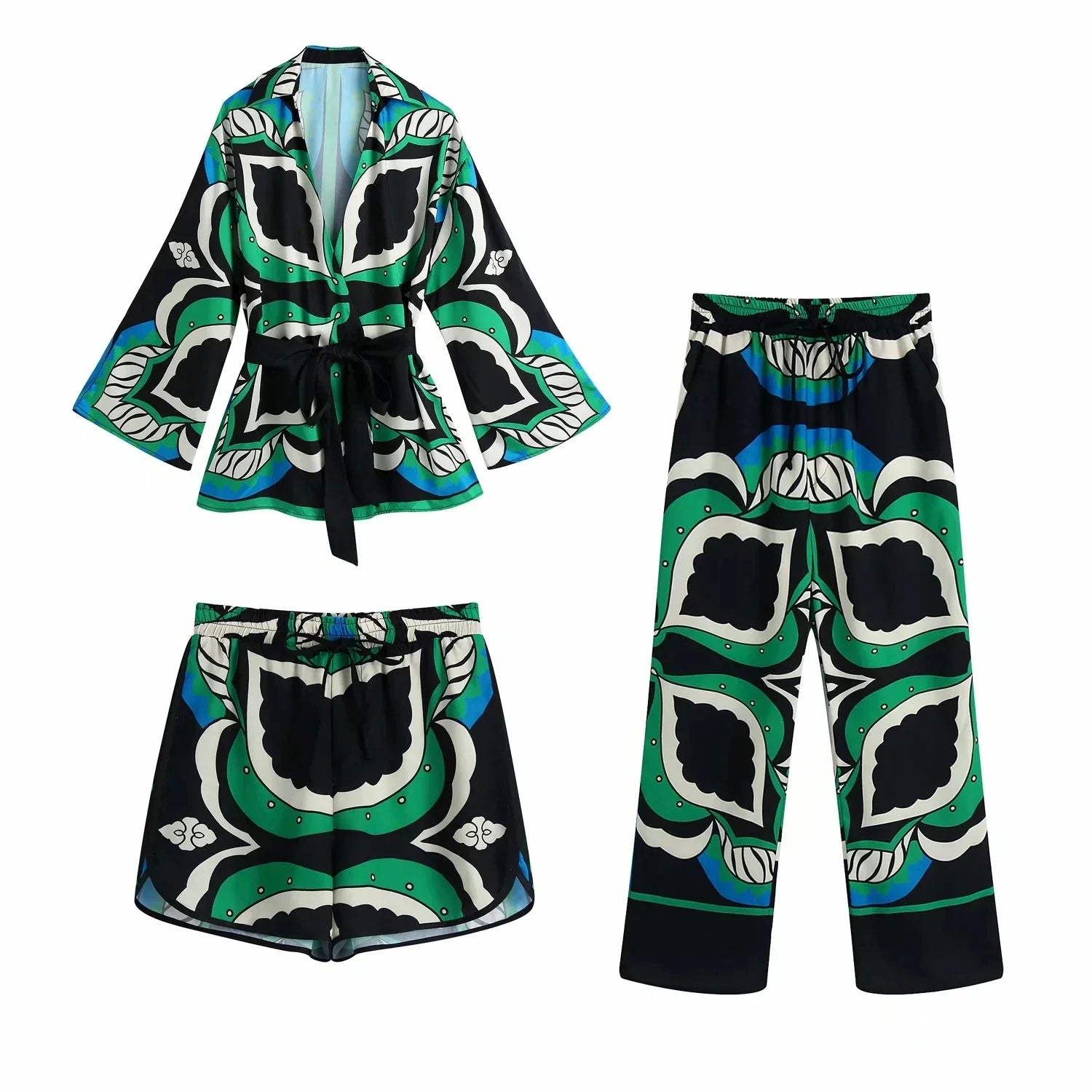 Foridol Oversized Green Print Boho Women Shorts Sets Shirts Shorts Pants Three Pieces Fashion Suits Matching Sets 2025 Summer