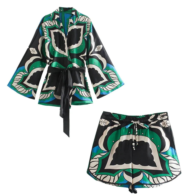 Foridol Oversized Green Print Boho Women Shorts Sets Shirts Shorts Pants Three Pieces Fashion Suits Matching Sets 2025 Summer