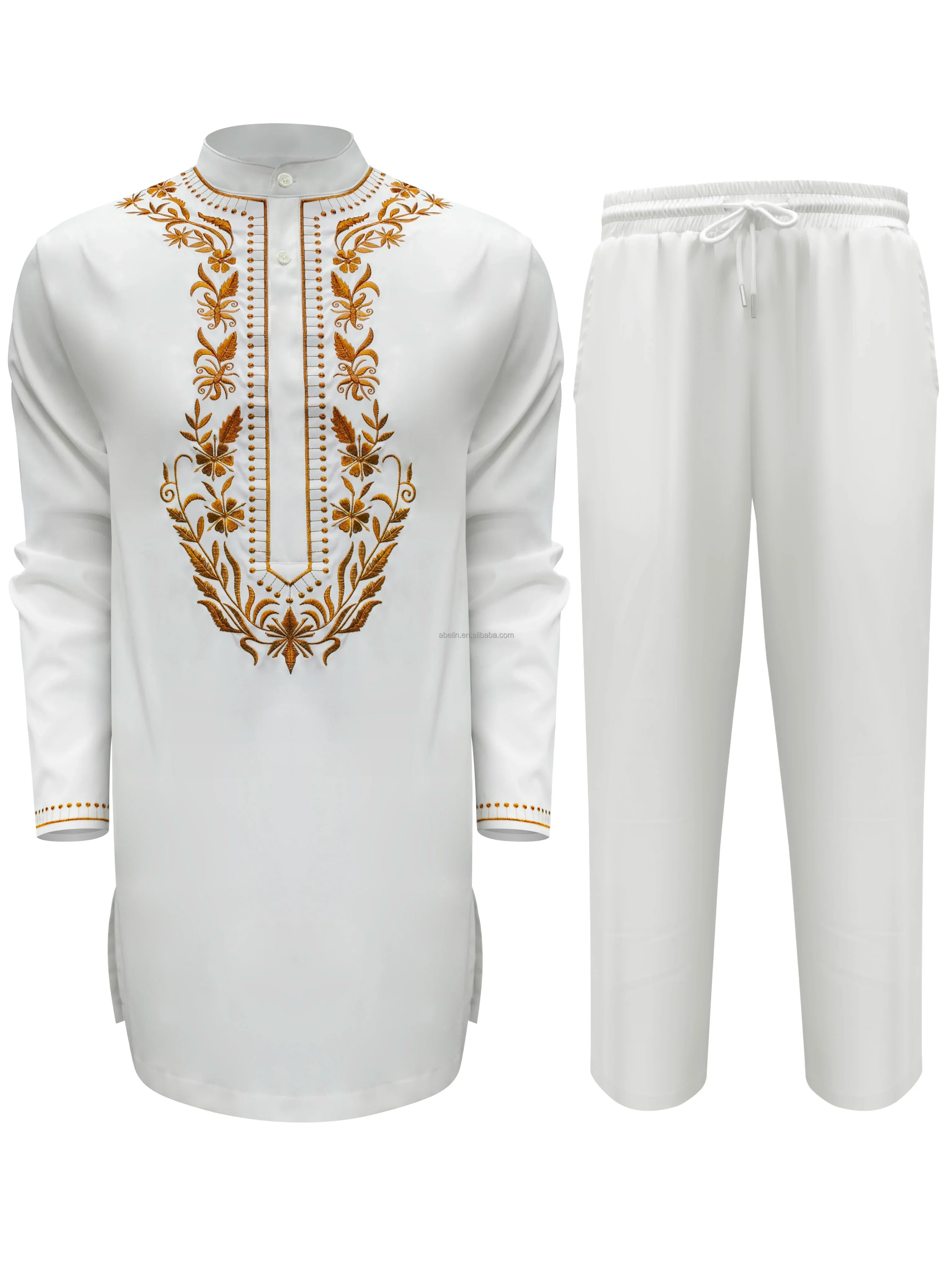Men's Embroidery Set Two Pieces White Fashion Wedding Sets Formal Men Party Embroidery Sets Plus Size