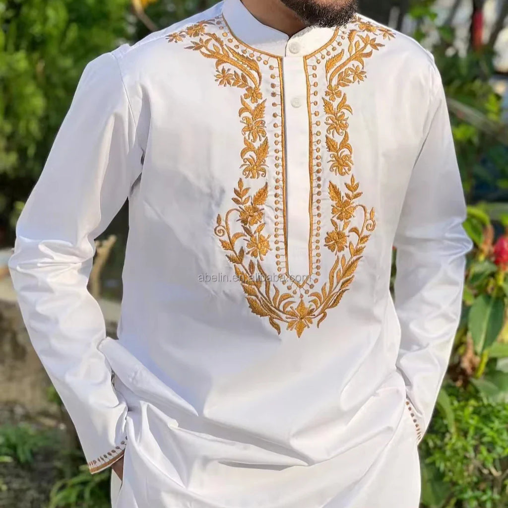 Men's Embroidery Set Two Pieces White Fashion Wedding Sets Formal Men Party Embroidery Sets Plus Size