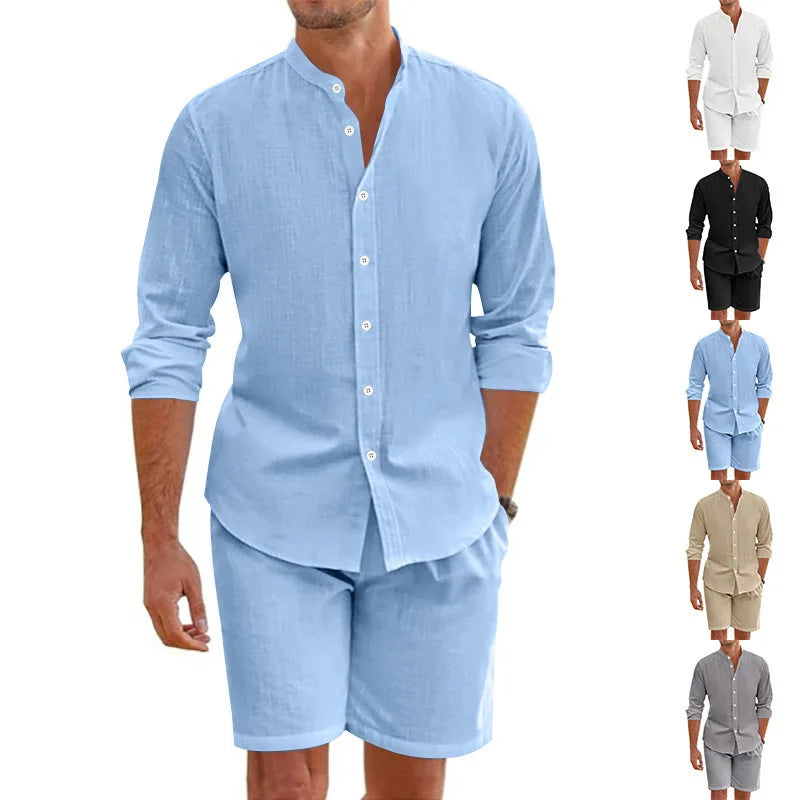 Summer Men's Beaded Loose Casual Linen Breathable Hawaiian Simple Long Sleeve Shirt Beach Shorts Set