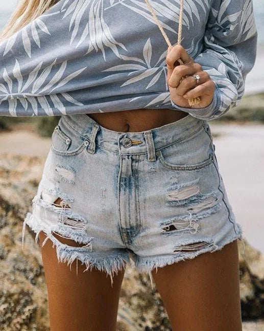 Ripped High-Waist Denim Shorts with Pockets