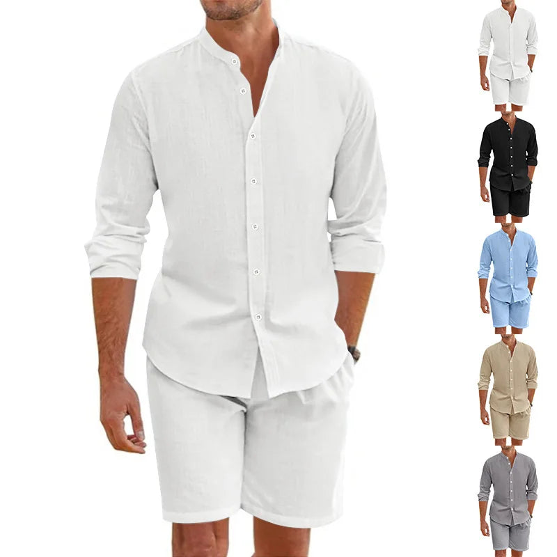 Summer Men's Beaded Loose Casual Linen Breathable Hawaiian Simple Long Sleeve Shirt Beach Shorts Set