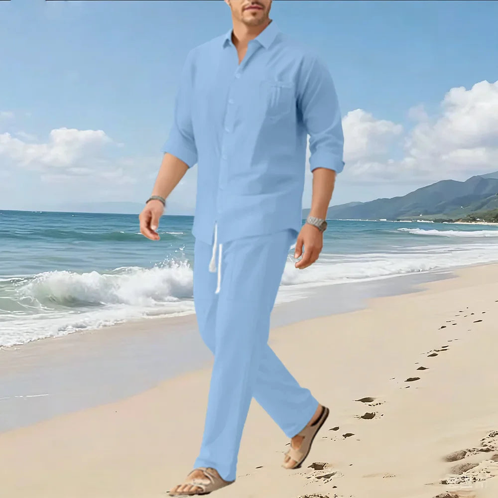 Spring/Summer New Men's Loose Comfortable Long-Sleeved Shirt and Pants Two-Piece Set