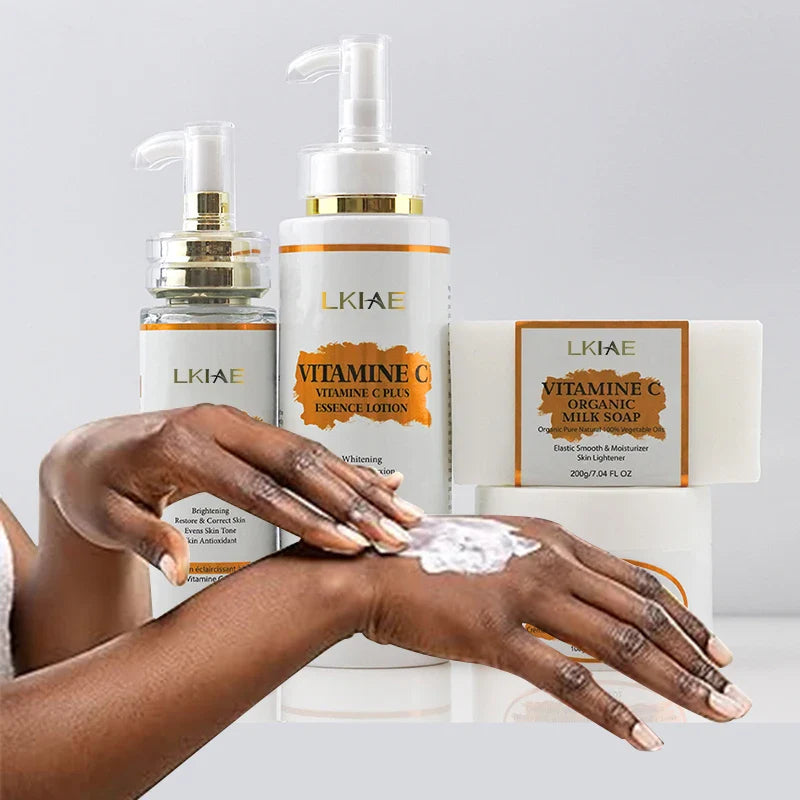 100% Natural Skin Care Set Anti-Aging Face Cream & Lotion Serum Soap 4pcs Private Label Vitamin C  Skin Care Set for Black Women