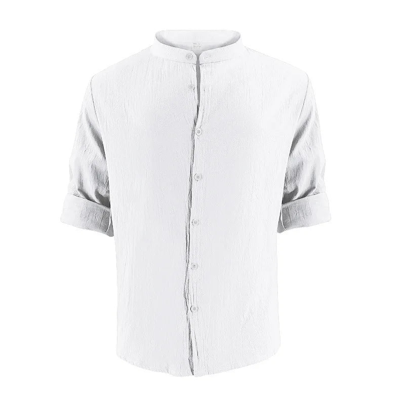 Summer Men's Beaded Loose Casual Linen Breathable Hawaiian Simple Long Sleeve Shirt Beach Shorts Set