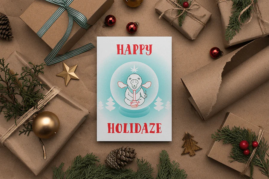 Happy Holidaze Zen Lion Smoking Bong Merry Christmas Greeting Cards (1, 10, 30, and 50pcs)