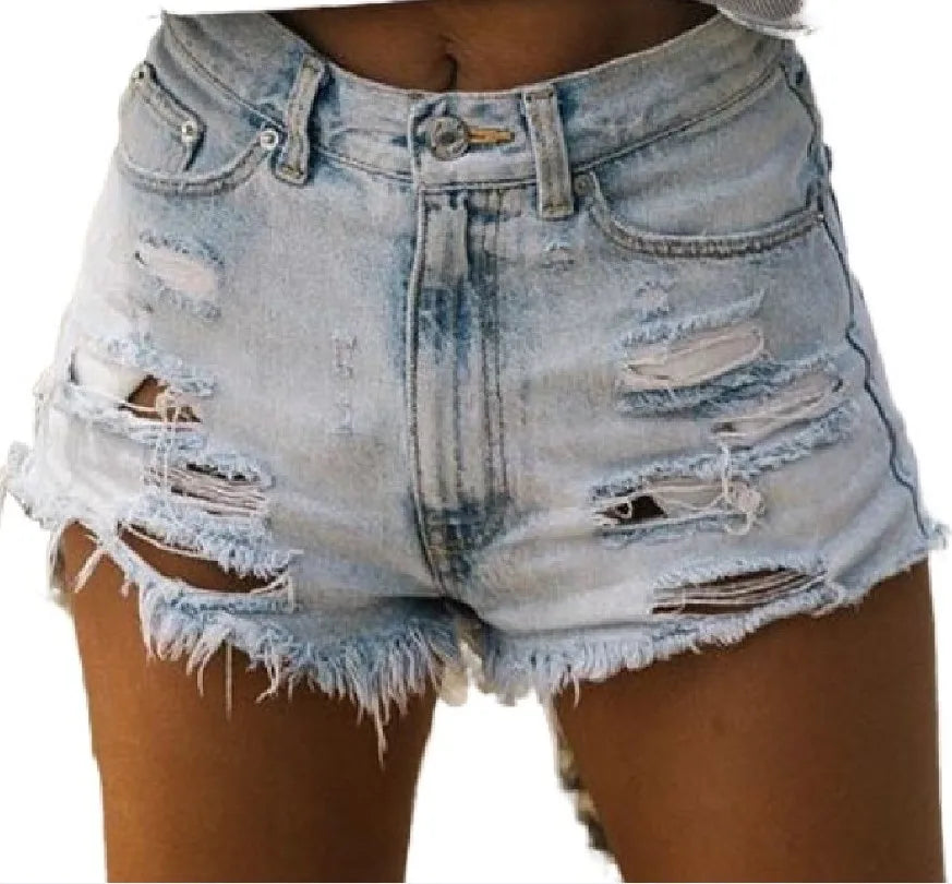 Ripped High-Waist Denim Shorts with Pockets
