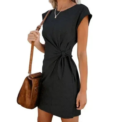 Dress Women Summer O-neck Short Sleeve Asymmetrical Lace Up Waist Solid Color Dresses 2022 Casual Vestidos Dropshipping JQMY9675