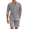 Summer Men's Beaded Loose Casual Linen Breathable Hawaiian Simple Long Sleeve Shirt Beach Shorts Set