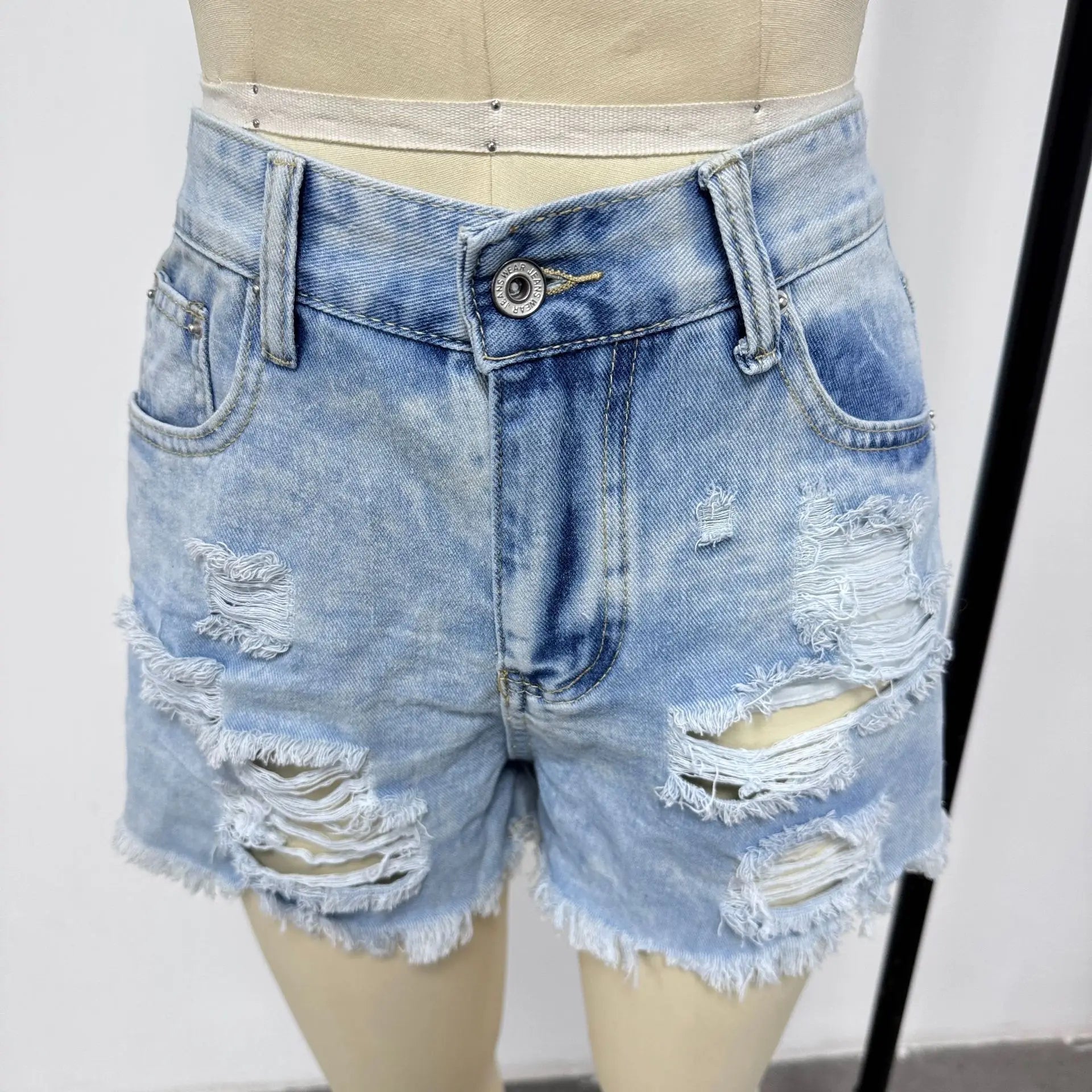 Ripped High-Waist Denim Shorts with Pockets