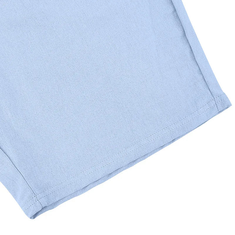 Summer Men's Beaded Loose Casual Linen Breathable Hawaiian Simple Long Sleeve Shirt Beach Shorts Set