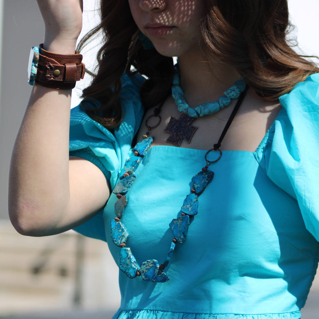 Turquoise Regalite Slab Necklace with Leather Ties 229h