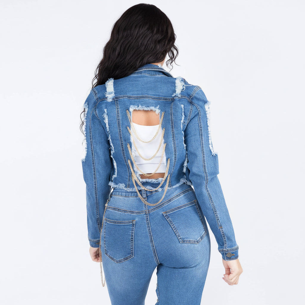 Chain Link Distressed Cropped  Jacket