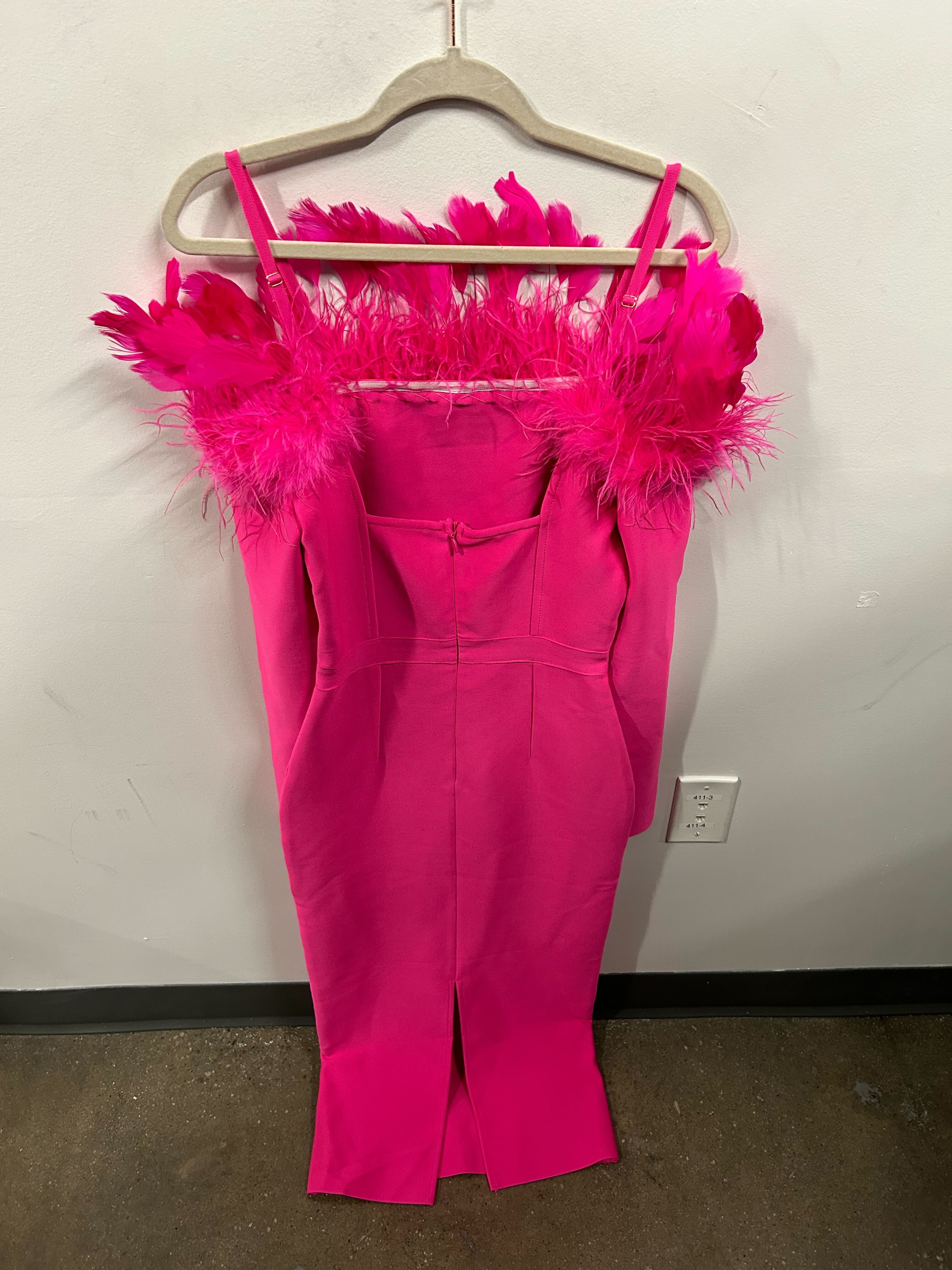 Hot Pink Feather-Trim Column Dress