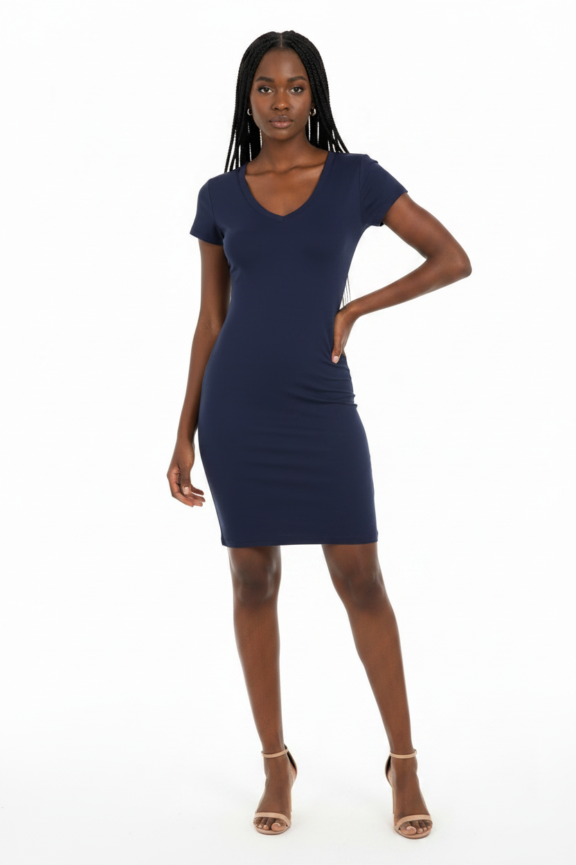 Navy Mini Bodycon V-Neck T-Shirt Dress