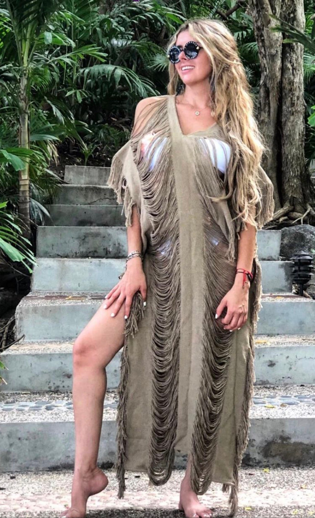Handmade Frayed Maxi Beach Cotton Dress "DALIA", Swim Cover-Up more Colors
