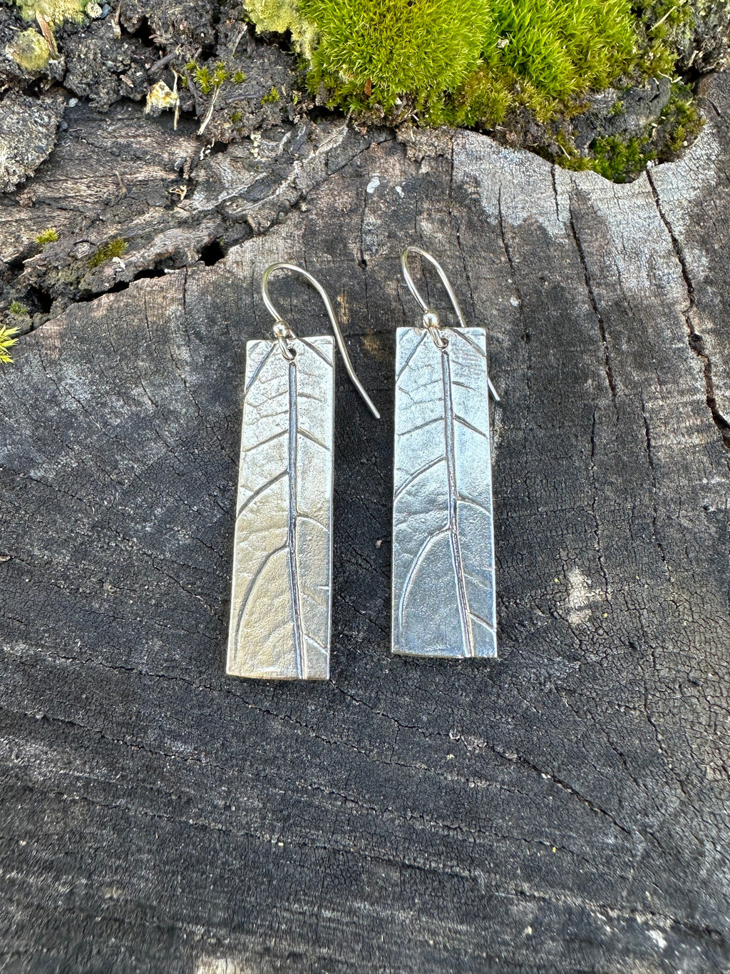 Botanical Minimalist lightweight recycled sterling silver rectangle earrings with leaf texture, minimalist