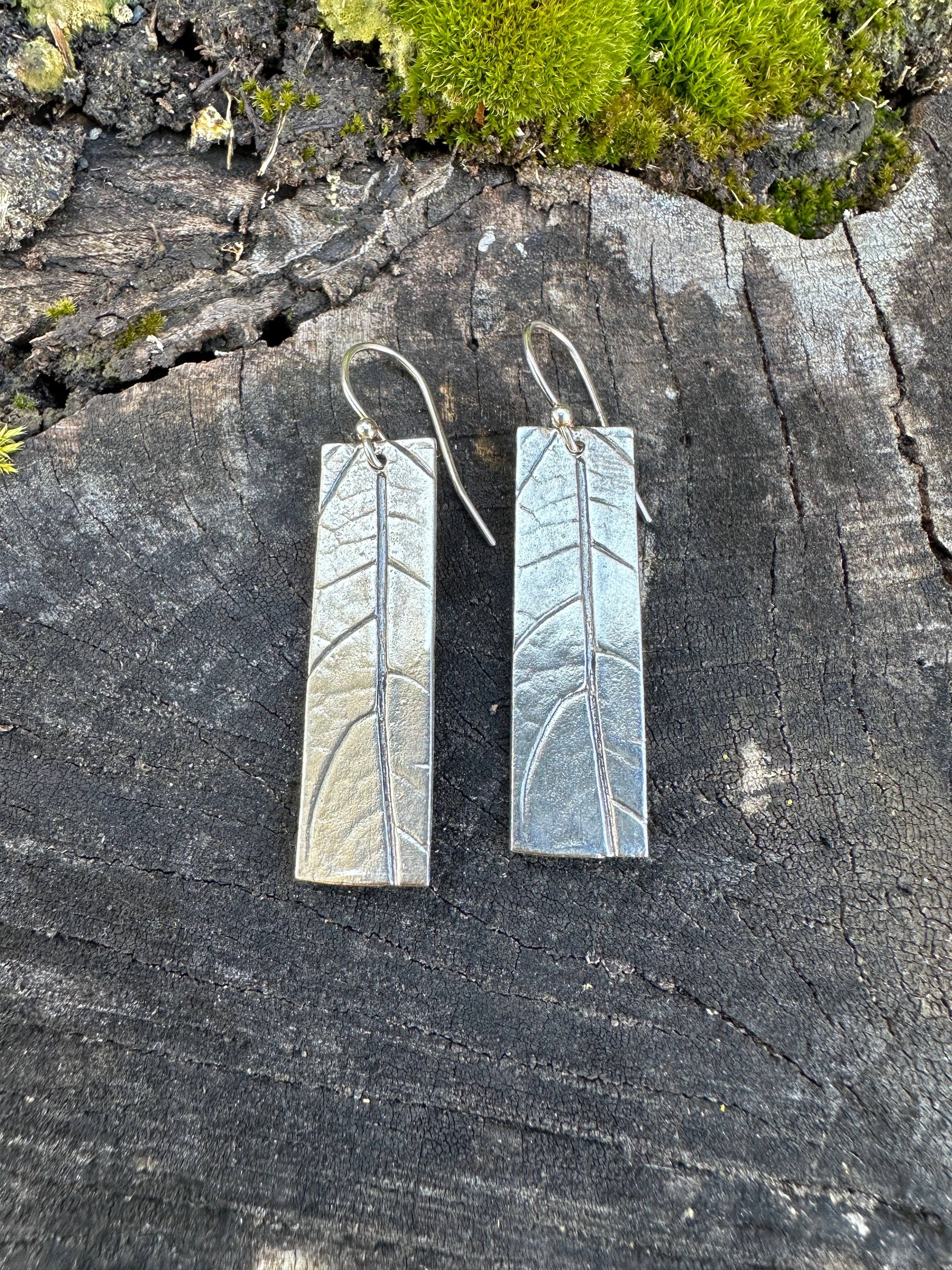 Botanical Minimalist lightweight recycled sterling silver rectangle earrings with leaf texture, minimalist