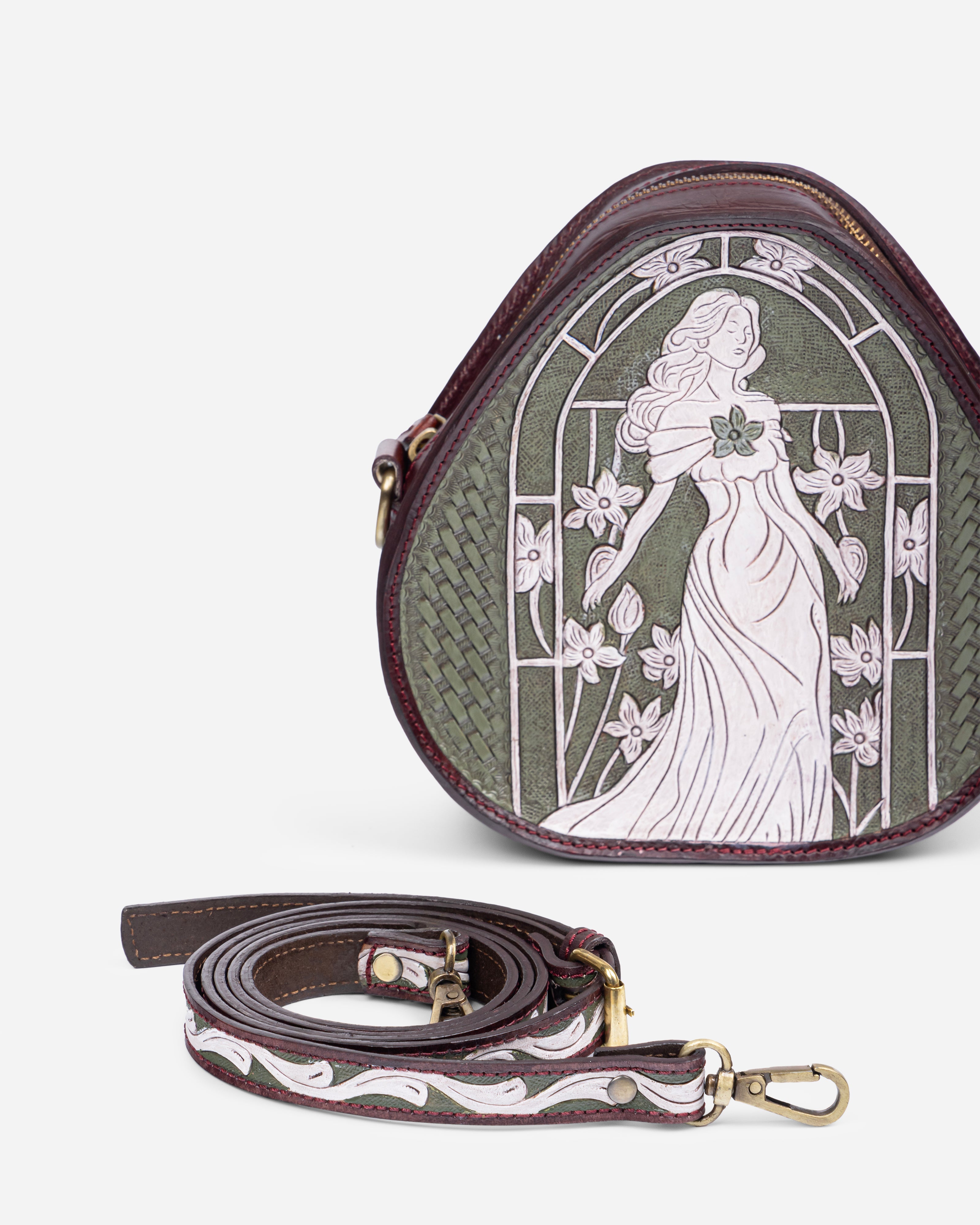 Renaissance Reverie Hand-Tooled Olive & Royal Blue Leather Bag