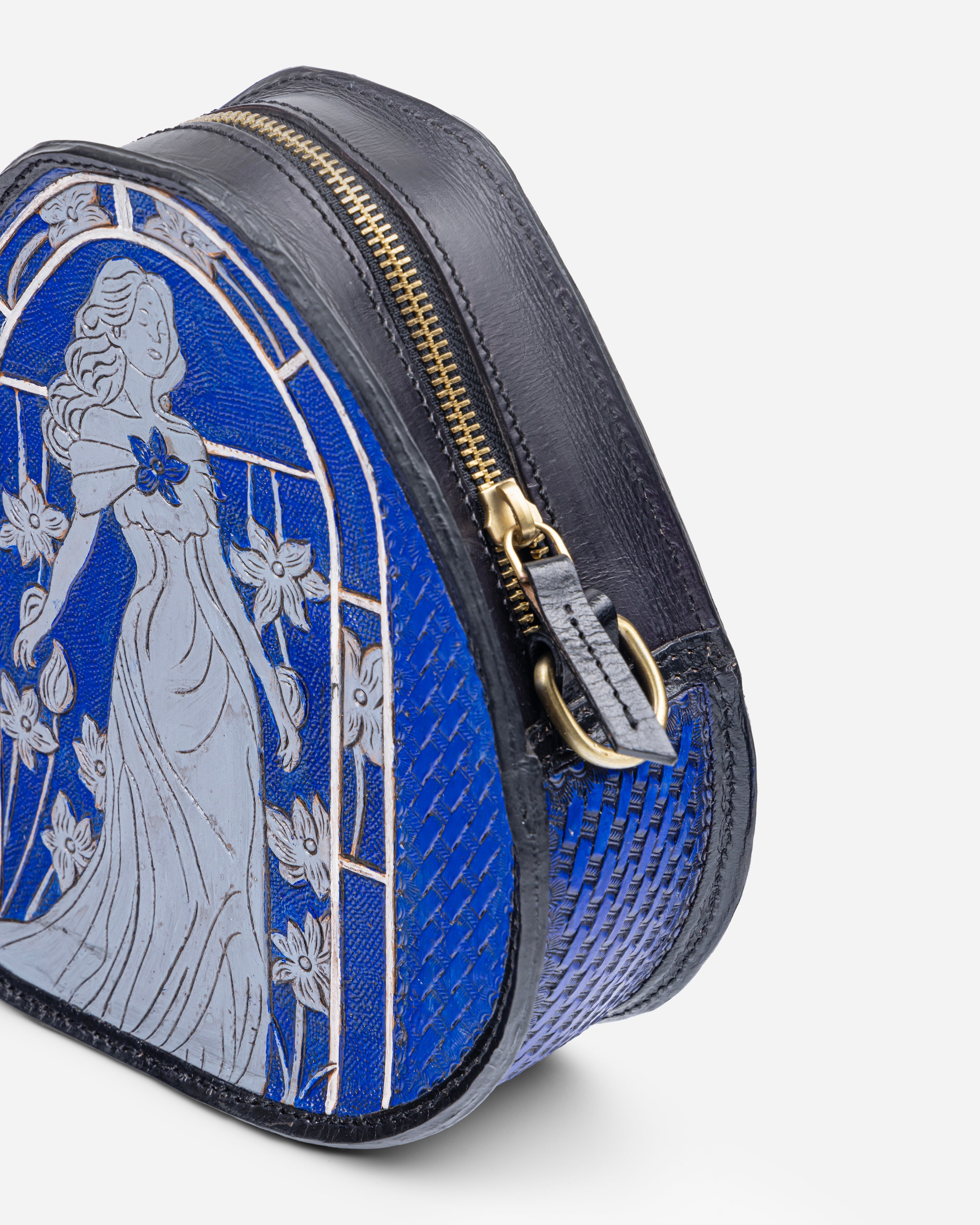 Renaissance Reverie Hand-Tooled Olive & Royal Blue Leather Bag