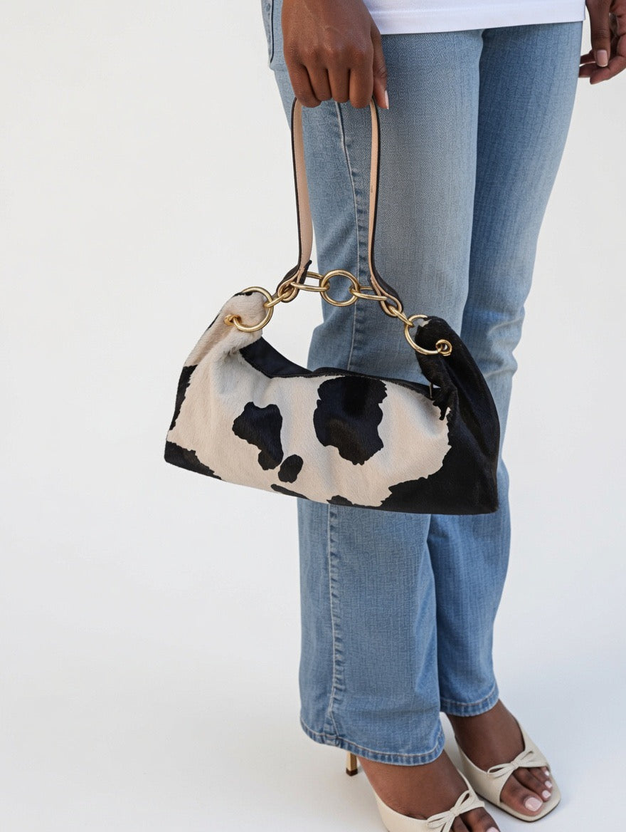 Blair Shoulder Bag, Cow Print Hair-On Hide-Black Leather