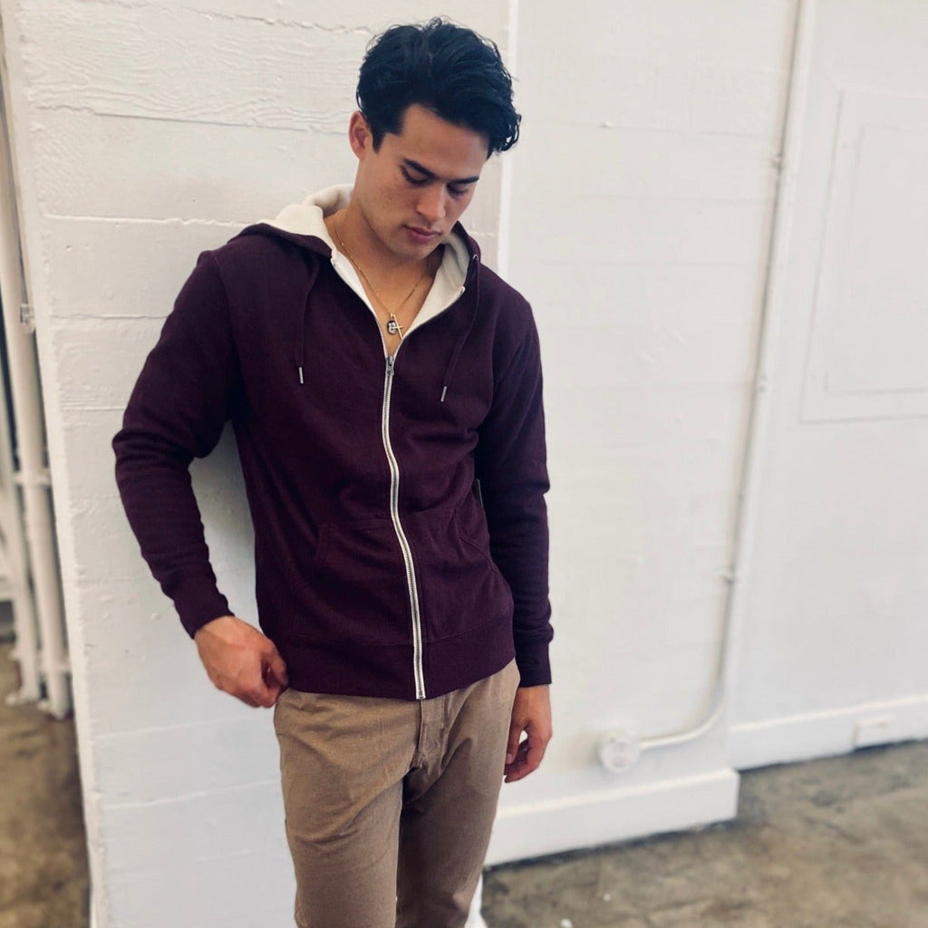 Mammoth Zip Sherpa Hoodie (Wine Red with Cream interior).