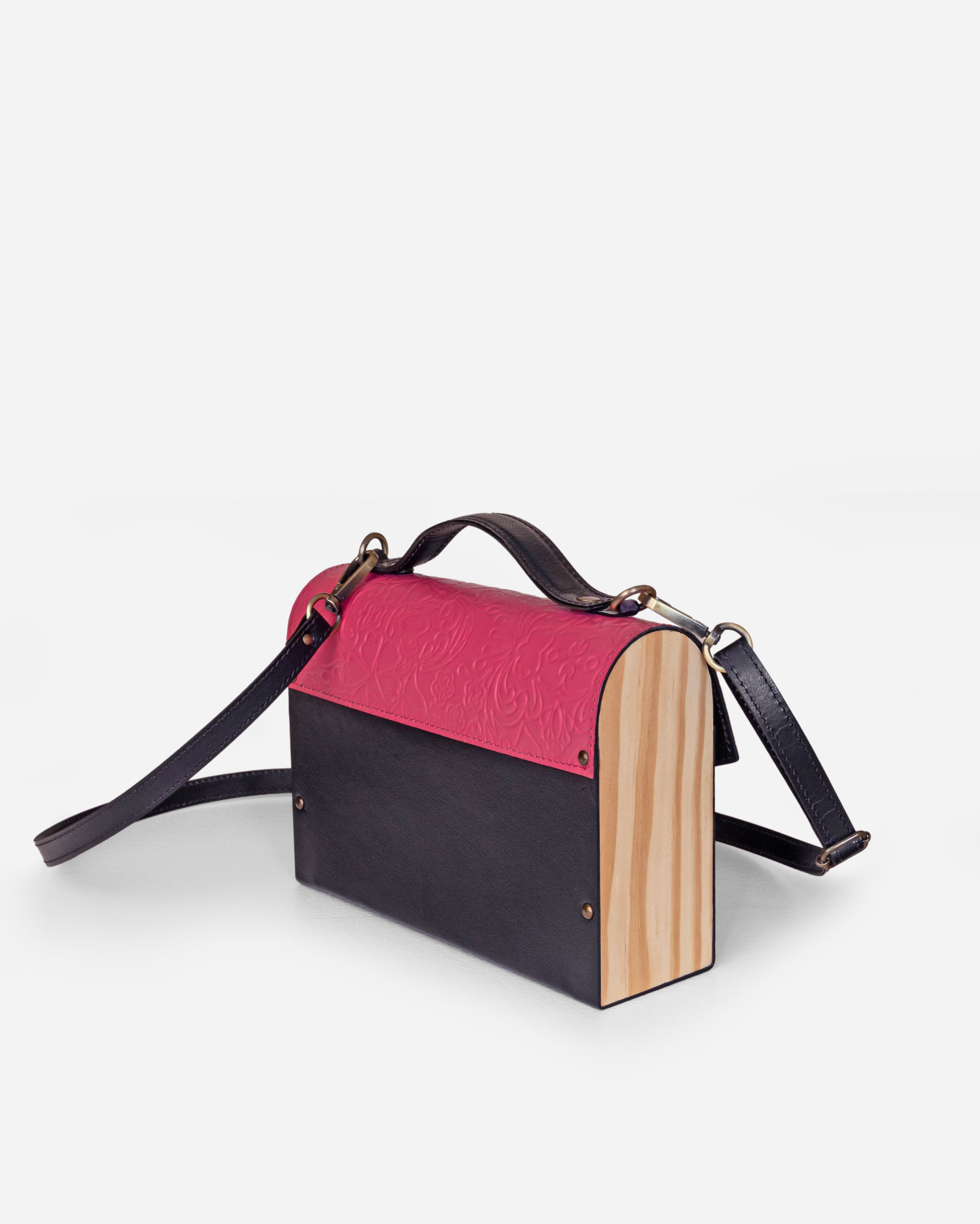 Pink And Black Embossed Leather Crossbody Bag