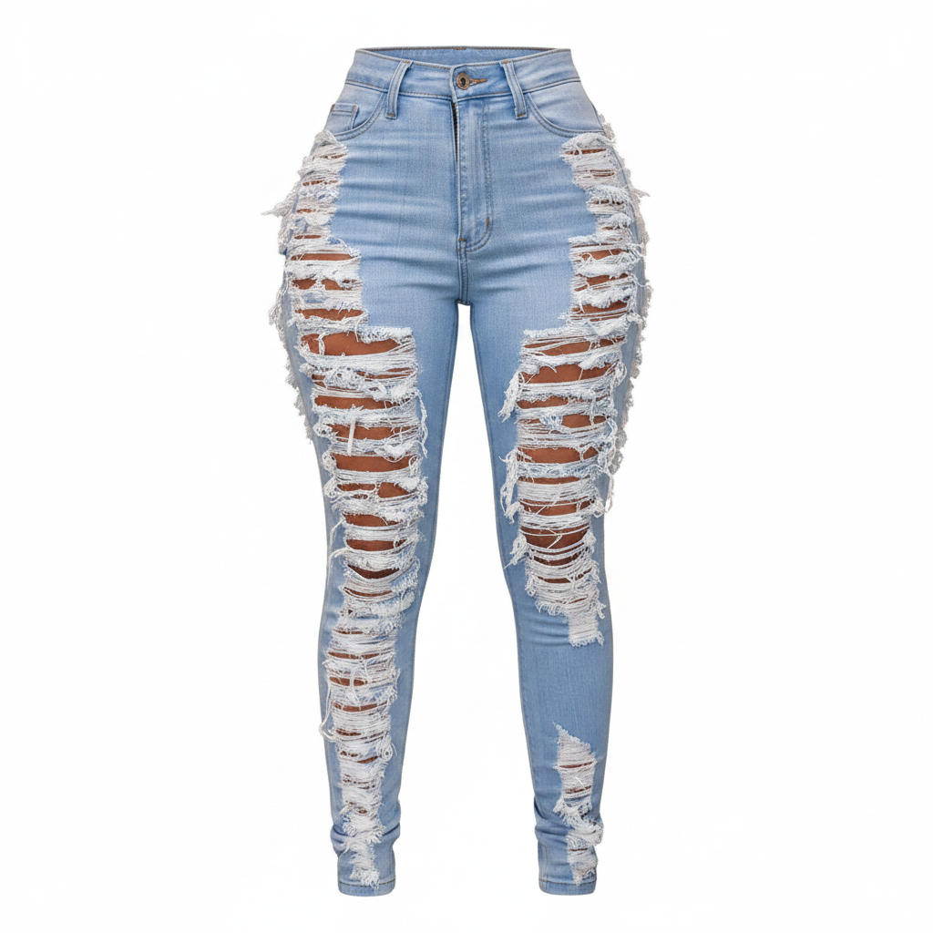 Light Blue Sexy Broken Hole Washed Distressed Jeans