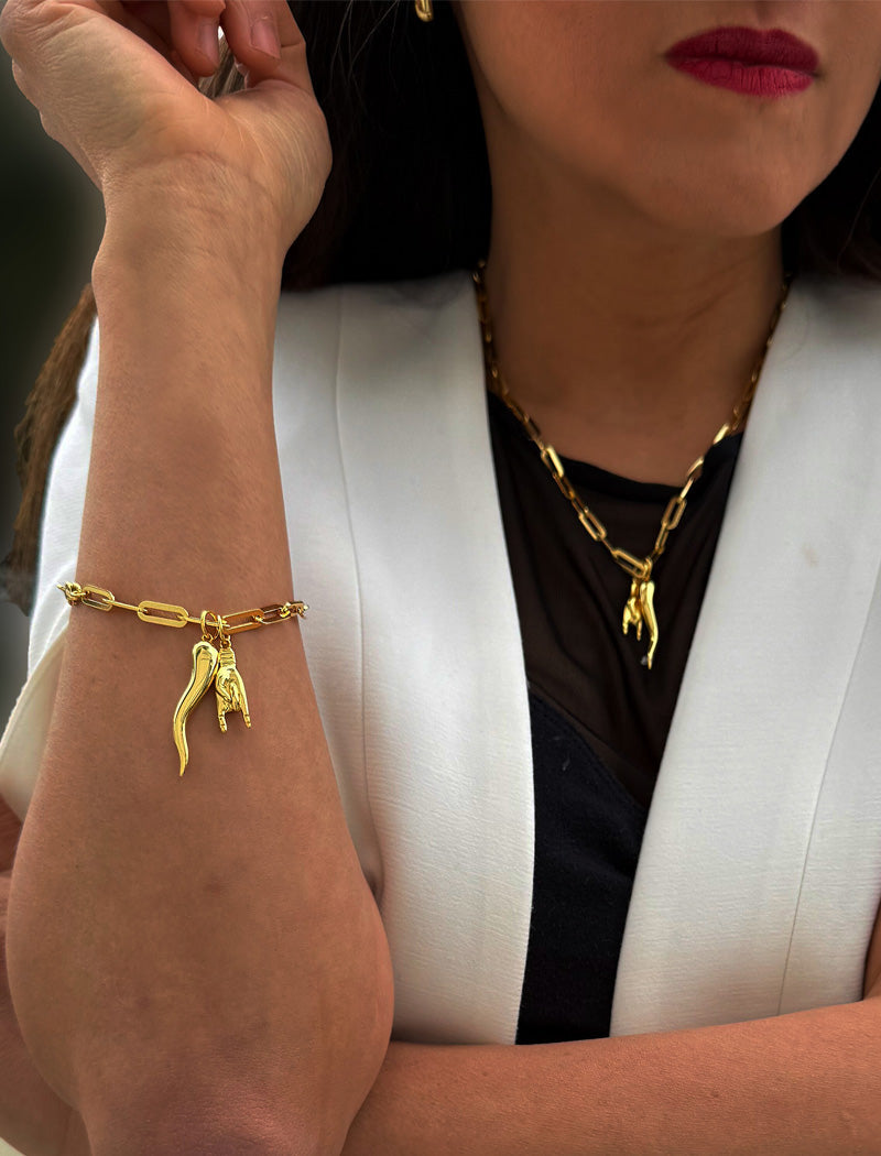 ITALIAN HORN Charm Medium Paperclip Link Chain Bracelet | 18K Gold Vermeil
