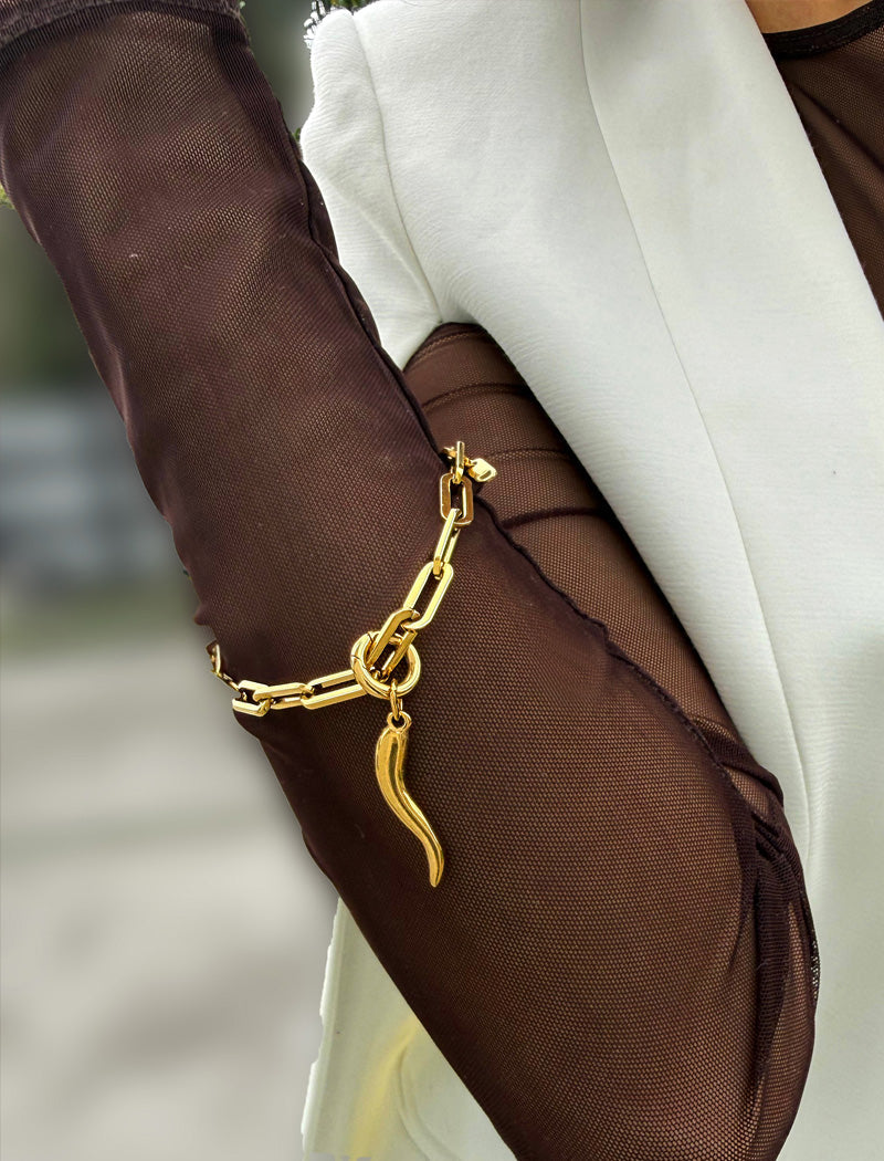 ITALIAN HORN Gold Charm Medium Paperclip Link Chain Bracelet | Waterproof