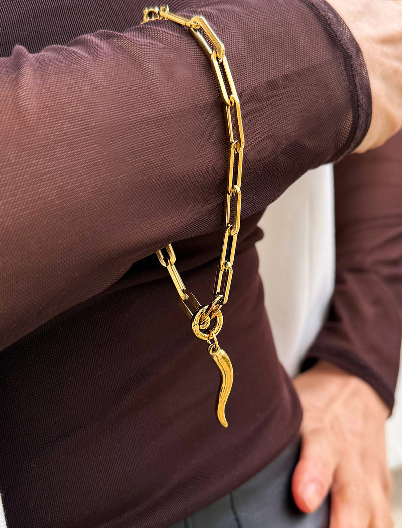 ITALIAN HORN Gold Charm Medium Paperclip Link Chain Bracelet | Waterproof