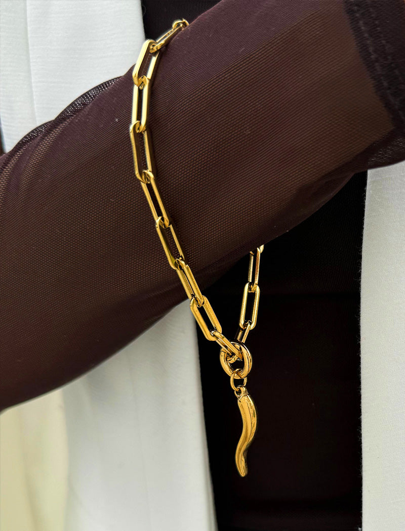 ITALIAN HORN Gold Charm Medium Paperclip Link Chain Bracelet | Waterproof
