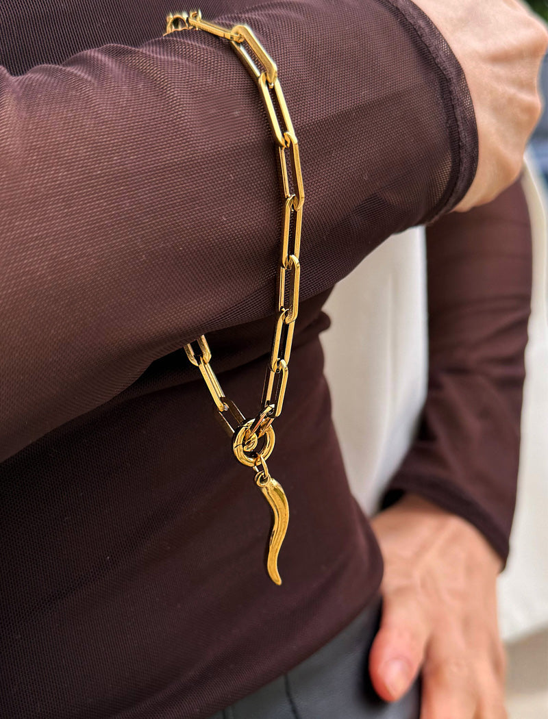 ITALIAN HORN Gold Charm Medium Paperclip Link Chain Bracelet | Waterproof