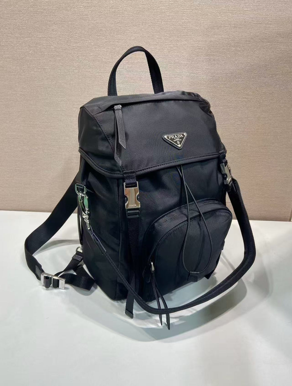 BACKPACK 34.5 IN BLACK RE-NYLON AND SAFFIANO LEATHER TRIM