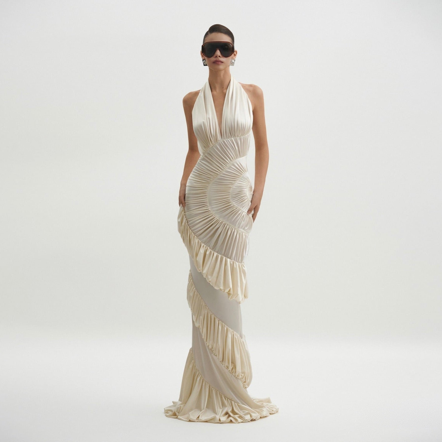 Innocence Ivory Sculpted Silk Halter Maxi Dress