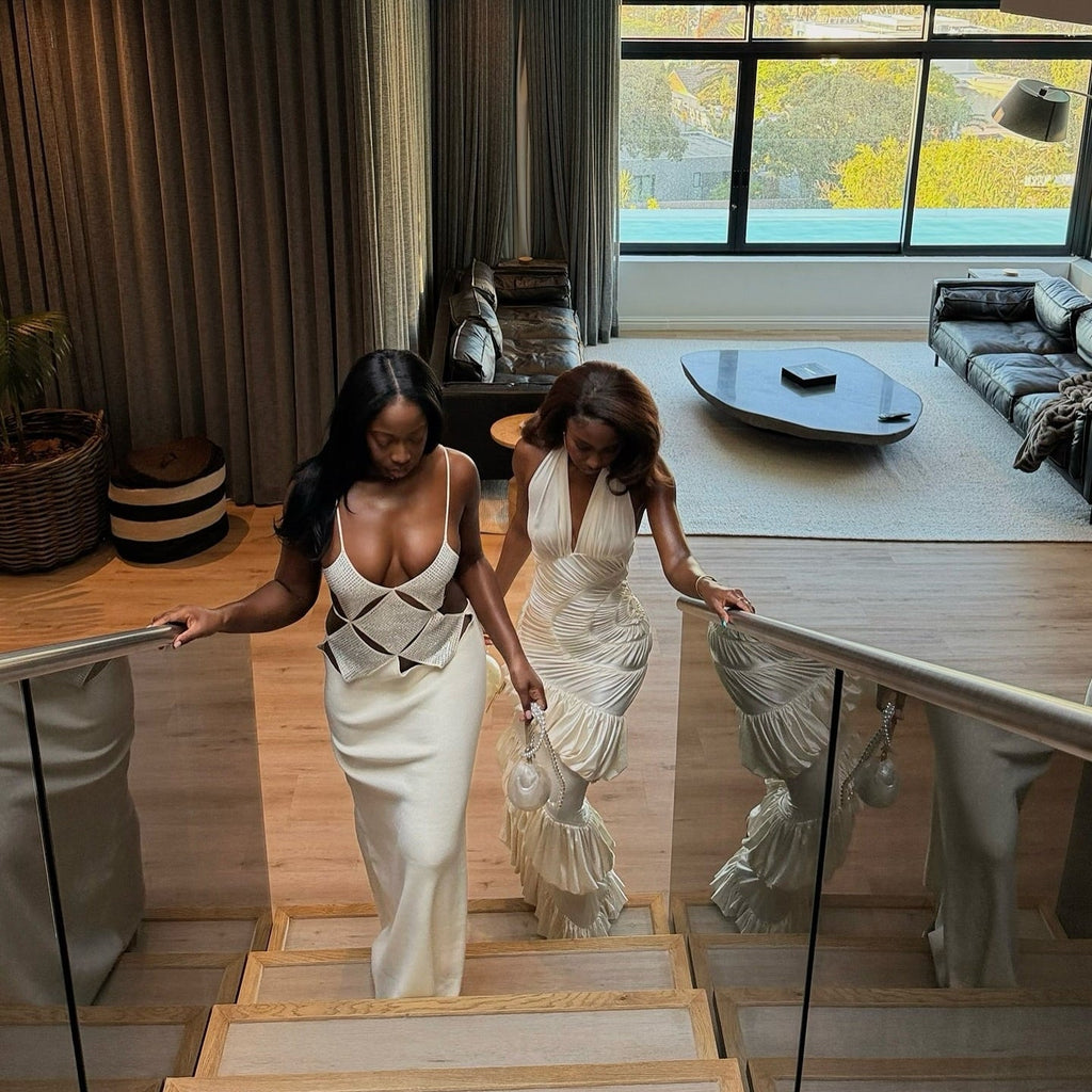 Innocence Ivory Sculpted Silk Halter Maxi Dress