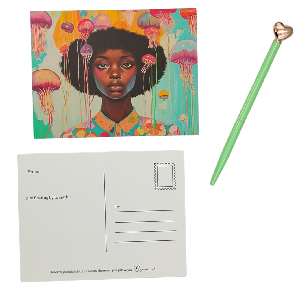 Underwater Whimsical Black Girl & Jellyfish Postcard for Friends & Penpals