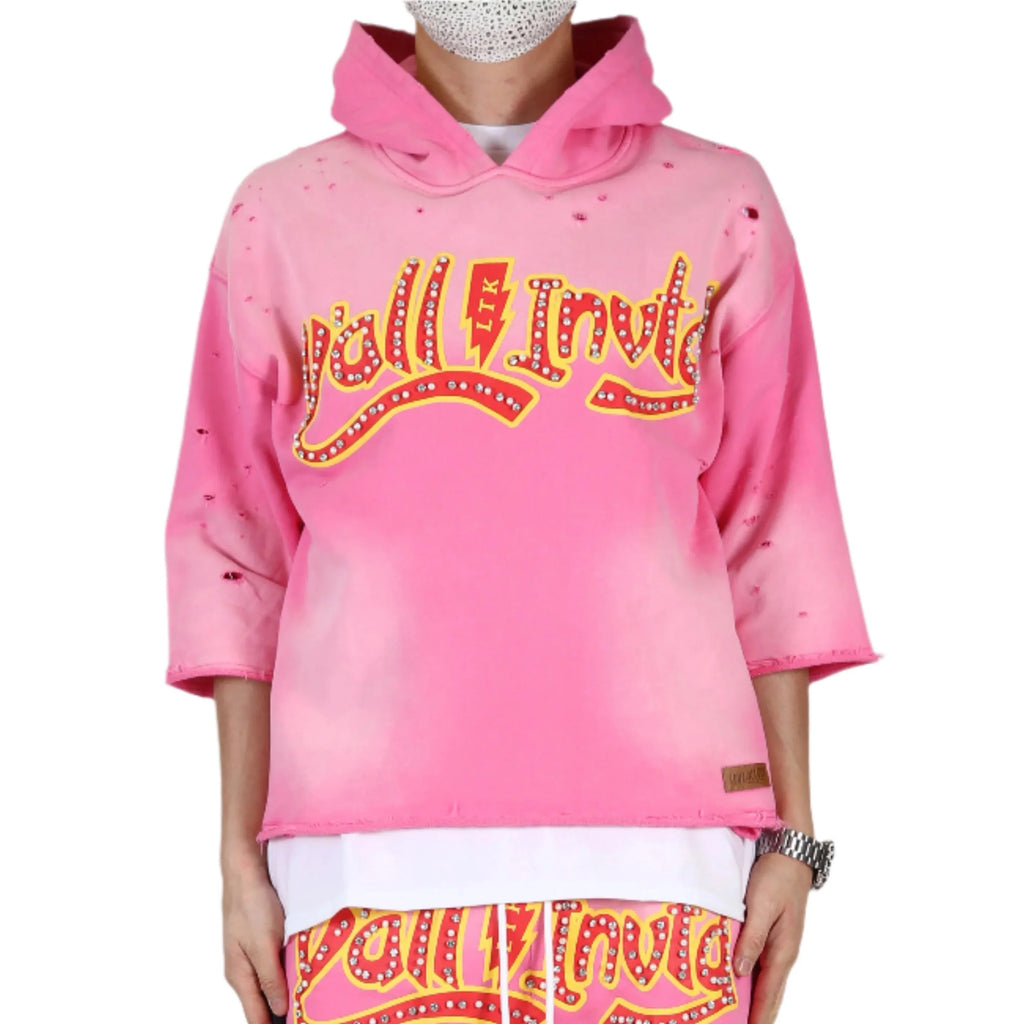 DARIUS French Terry 3/4 Sleeve Crop Top Pullover Hoodie