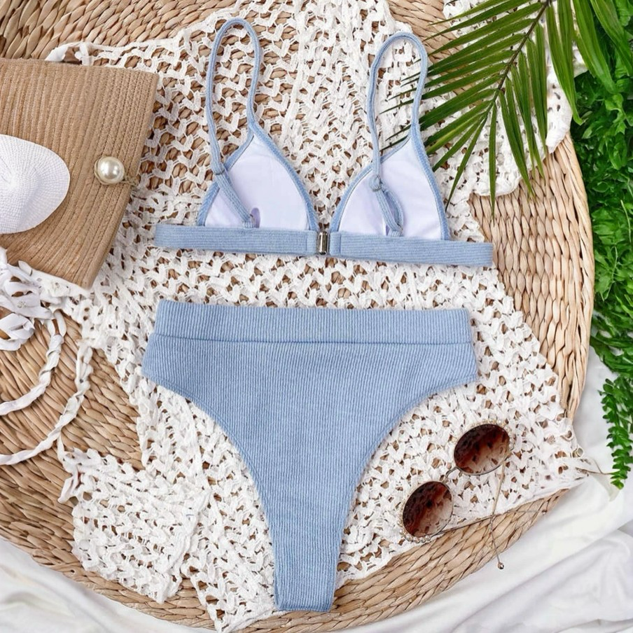 Lara Light Blue Ribbed Triangle Bikini