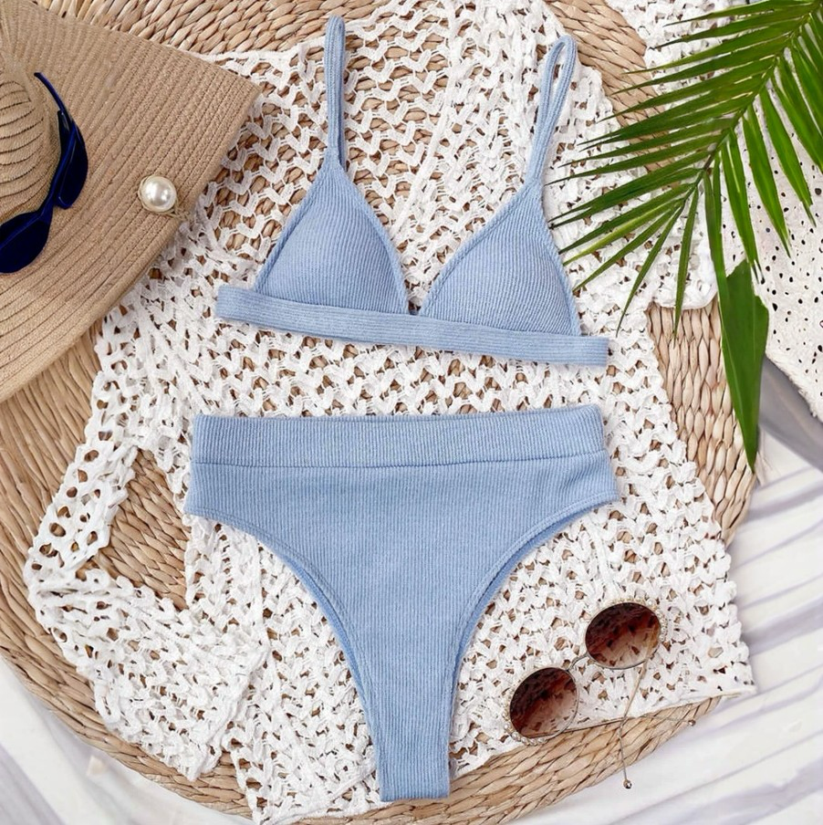 Lara Light Blue Ribbed Triangle Bikini