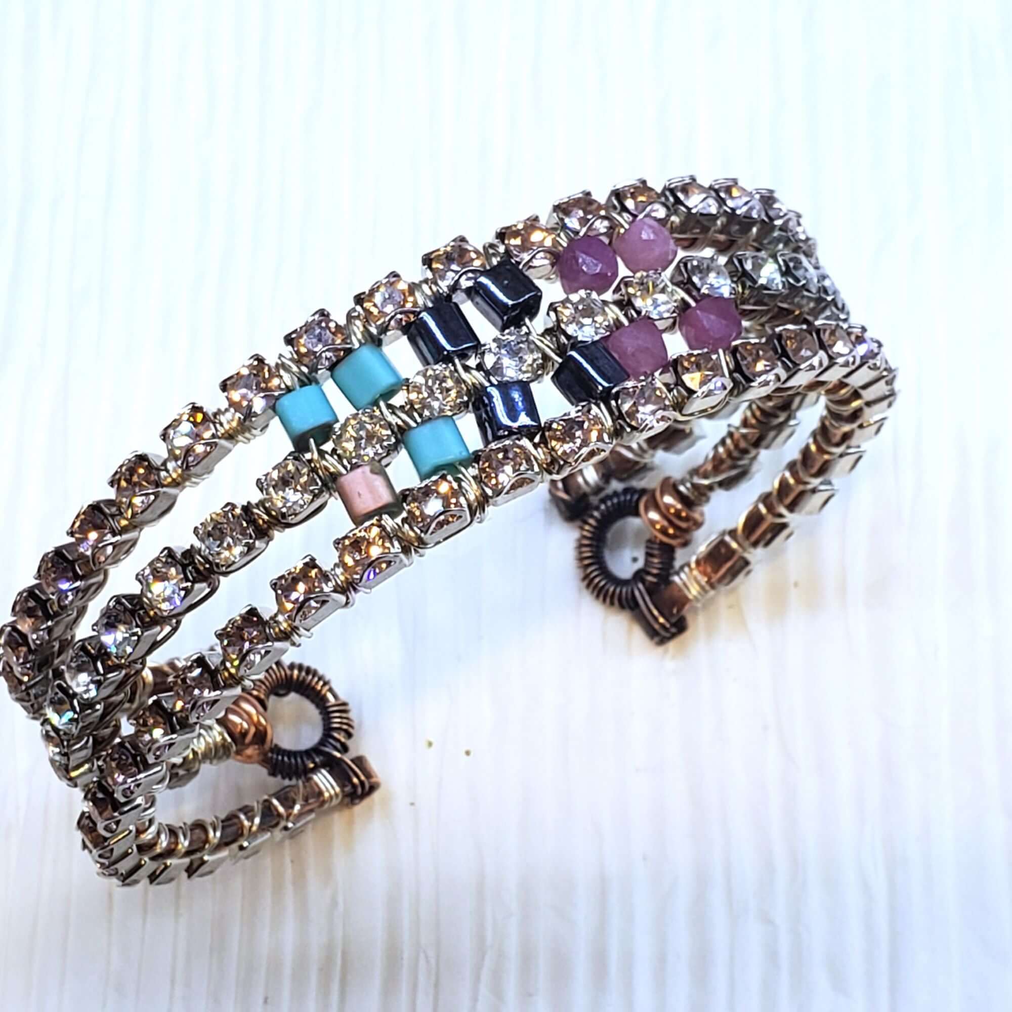 Large Copper Wire Wrapped Triple Glam Crystal Gemstone Cuff
