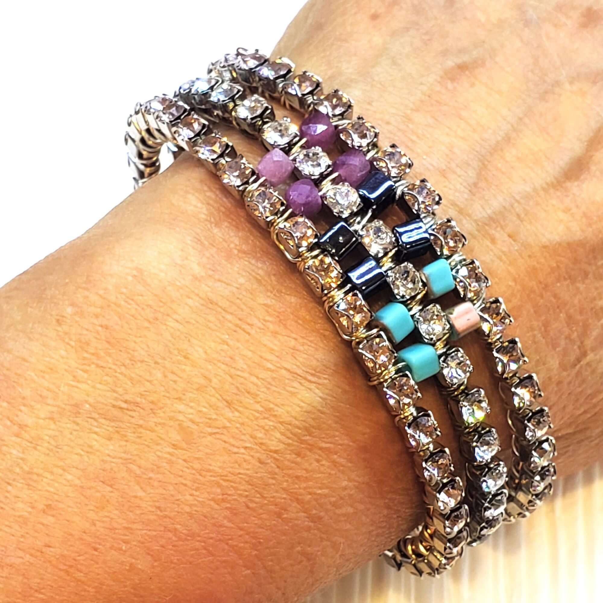 Large Copper Wire Wrapped Triple Glam Crystal Gemstone Cuff