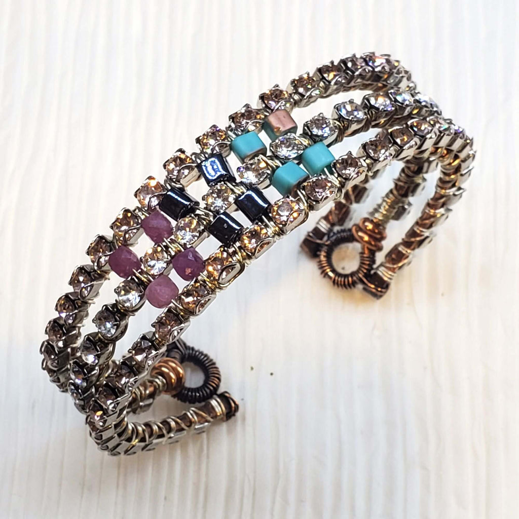 Large Copper Wire Wrapped Triple Glam Crystal Gemstone Cuff