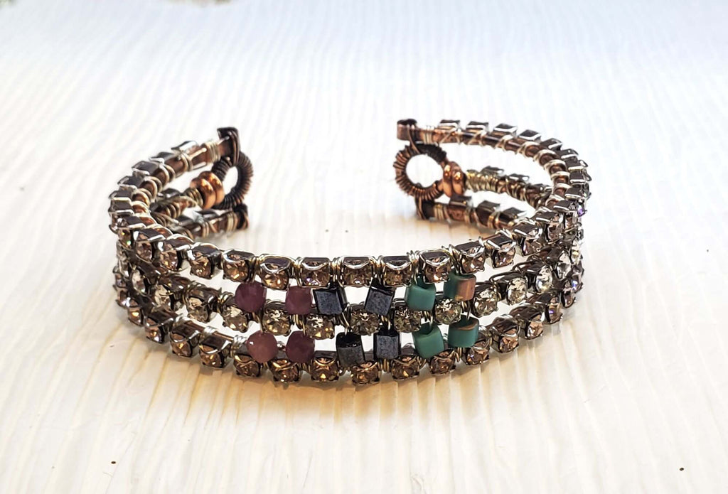 Large Copper Wire Wrapped Triple Glam Crystal Gemstone Cuff