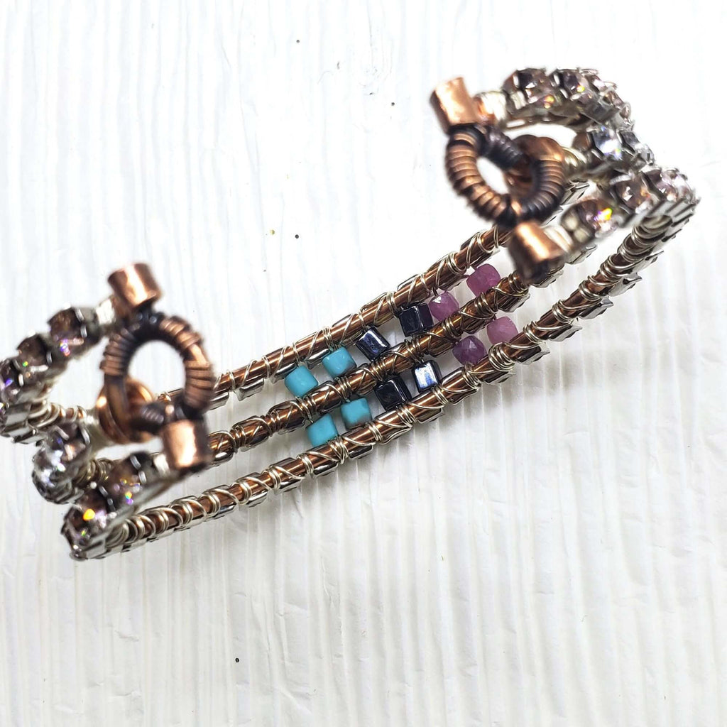 Large Copper Wire Wrapped Triple Glam Crystal Gemstone Cuff
