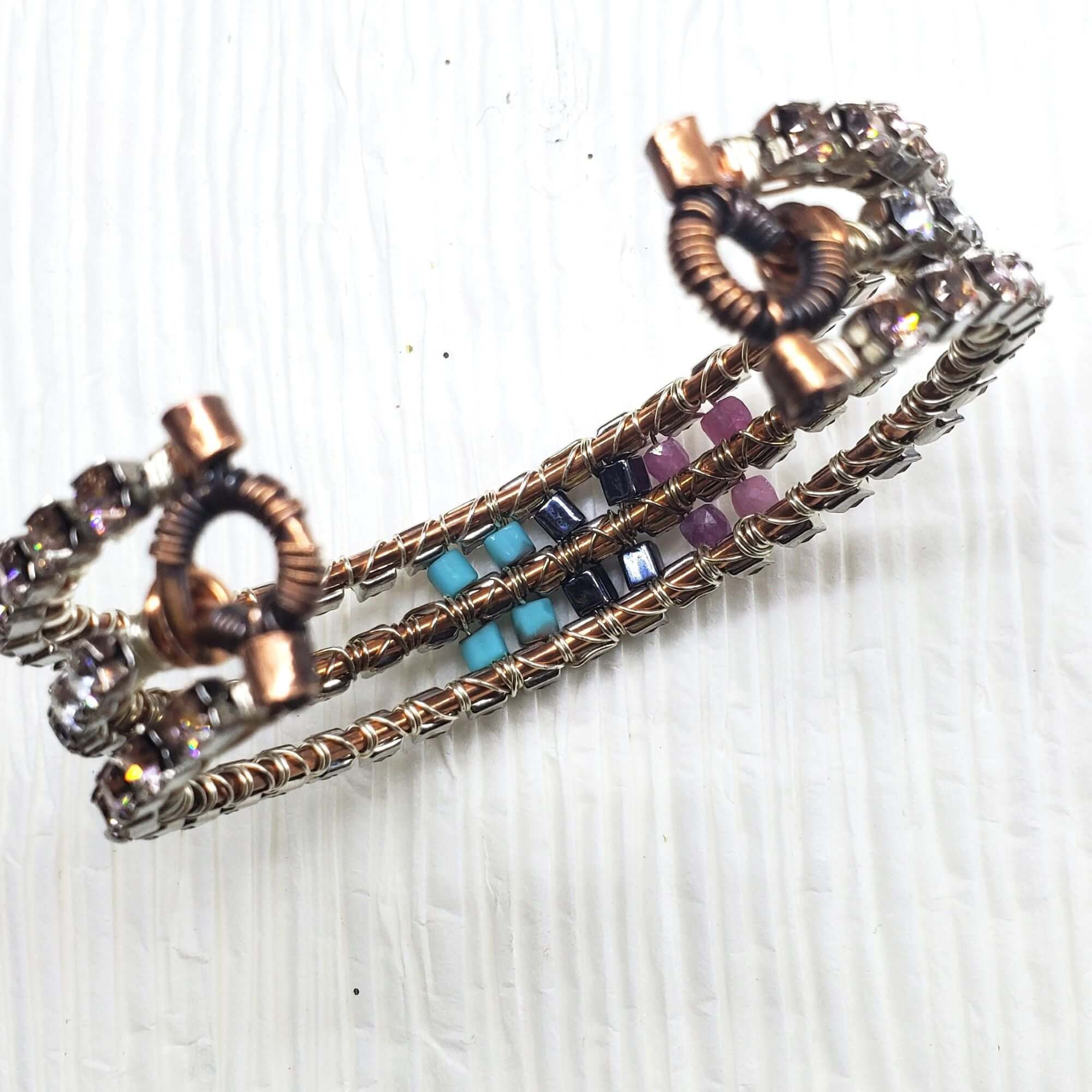 Large Copper Wire Wrapped Triple Glam Crystal Gemstone Cuff