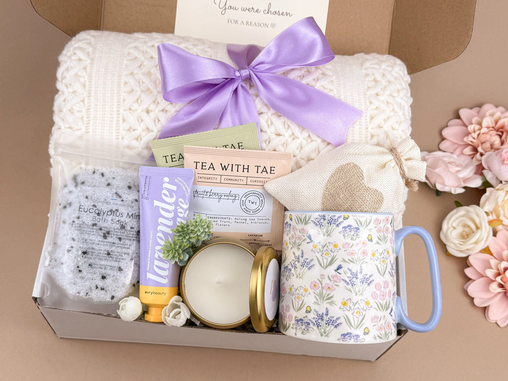 Self Care Gift Boxes – Lavender Spa, Blanket & Bath Salts Set